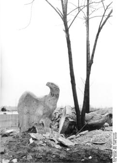 Berlin, zerstörte Adler neben Baum